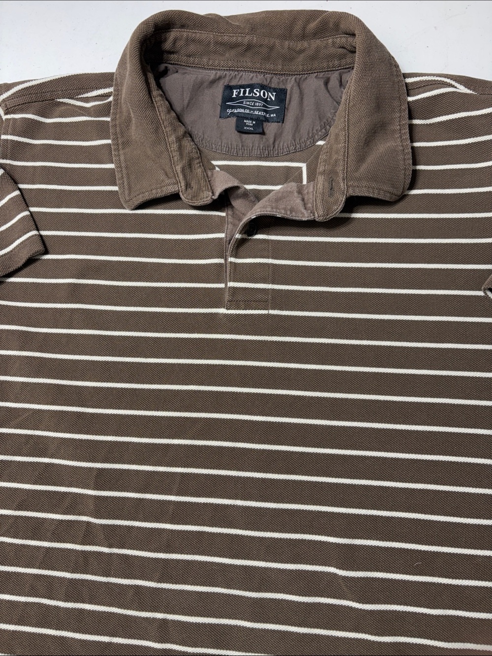 Filson Brown and White Striped Polo Shirt